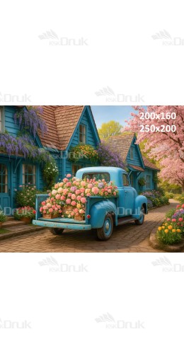 Tło fotograficzne „Niebieski retro pickup w kwiatowej alejce” | E_729